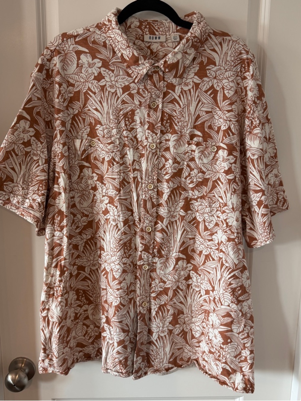 ROWM Men’s Cotton Floral Print Short-Sleeve Button Down 3XT Shirt Rust and White